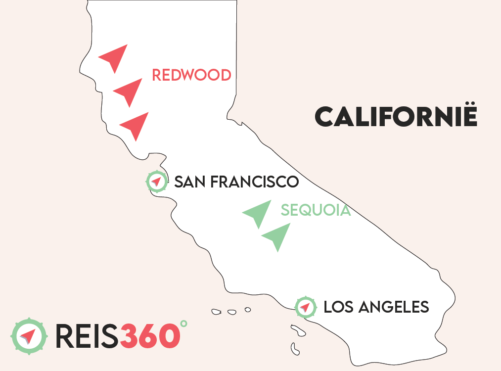 Kaart Californië met San Francisco - LA - Sequoia vs Redwood